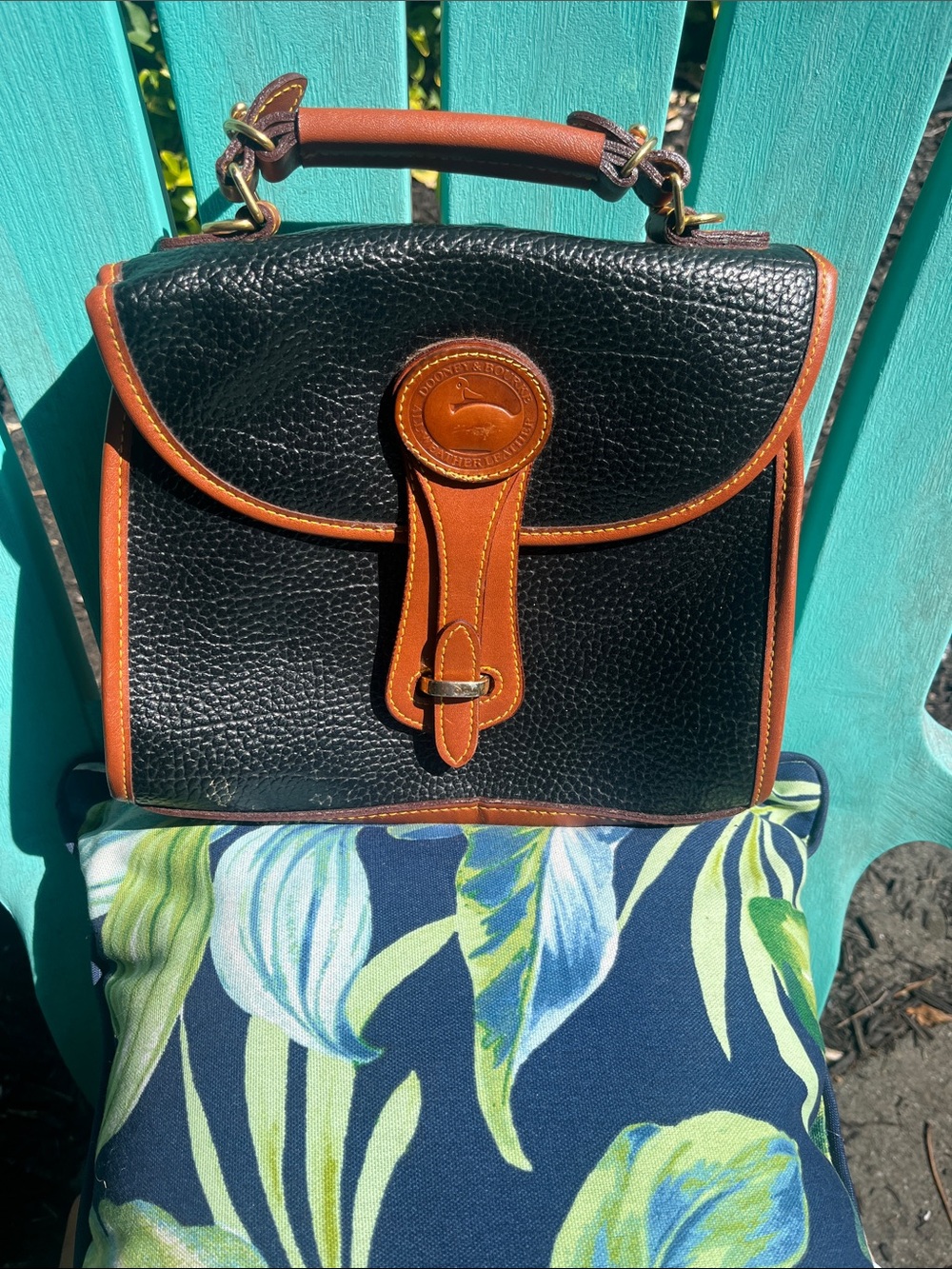 Dooney & Bourke Black Pebbled Leather Messenger with Tan Trim and Handle